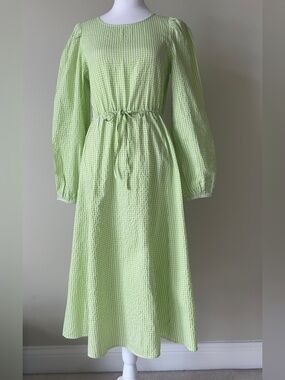 Monki Light Green Gingham Long-Sleeve Midi Dress Size XS EUC
